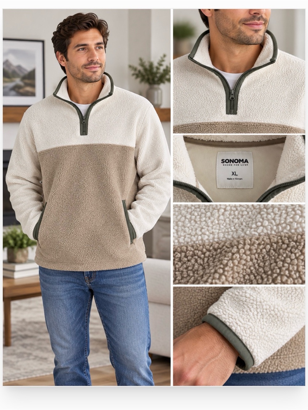 Sonoma Two-Tone Sherpa Quarter-Zip Pullover in Cream & Tan